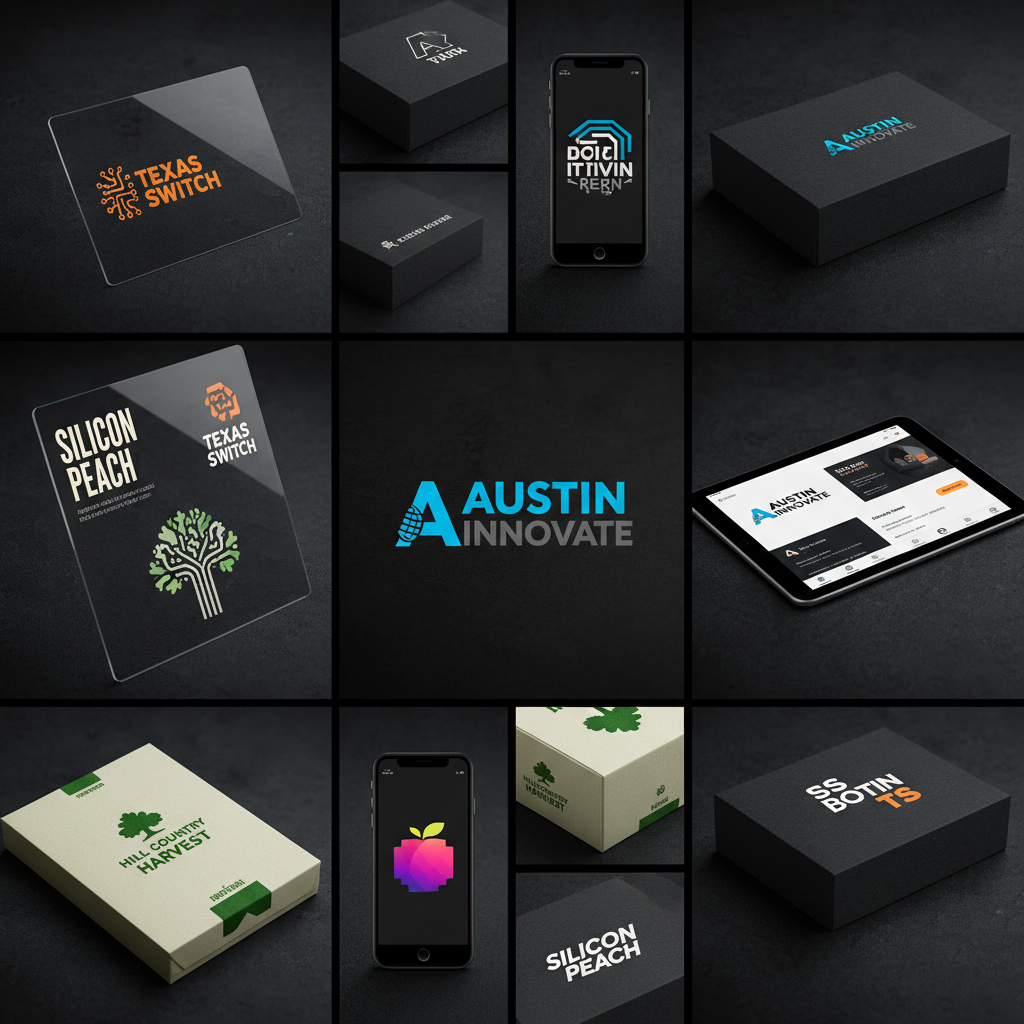 Austin Texas startup brand identities collage, modern logos and brand systems, diverse tech and consumer brands, bold typography, high contrast graphic design, studio mockups on dark background, creative agency portfolio