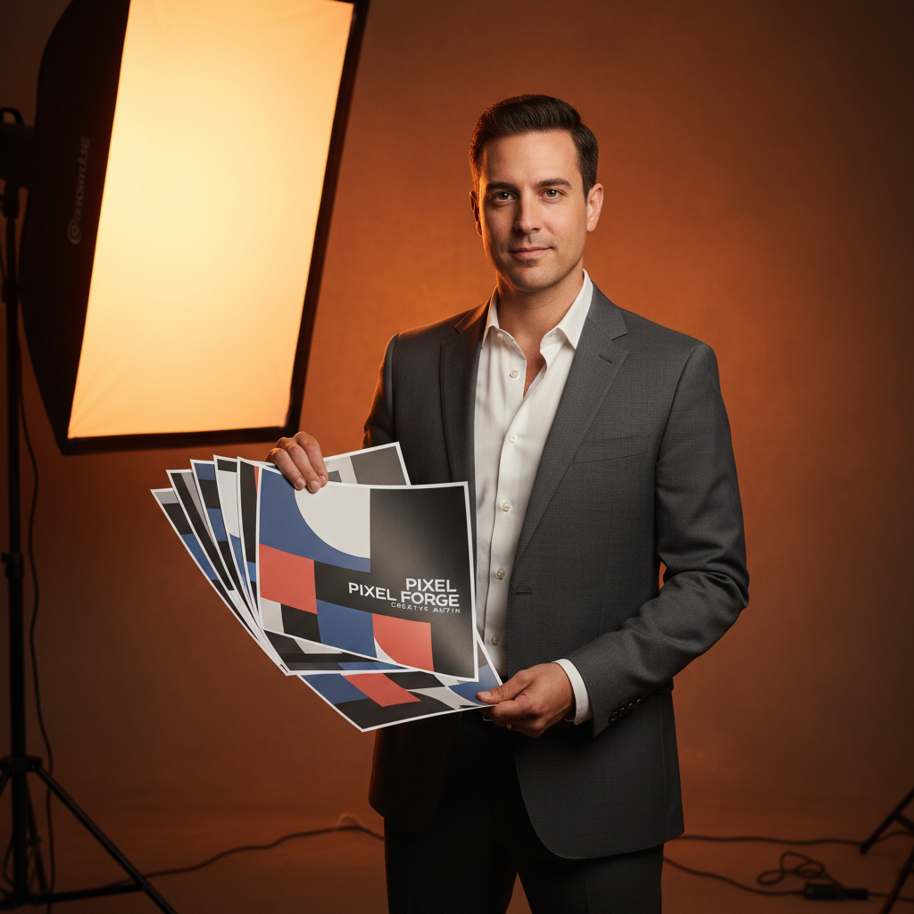 Marco, founder and creative director of Pixel Forge Creative Austin, professional portrait in studio environment, holding design proofs, confident direct gaze, warm studio lighting, editorial photography style, creative professional portrait