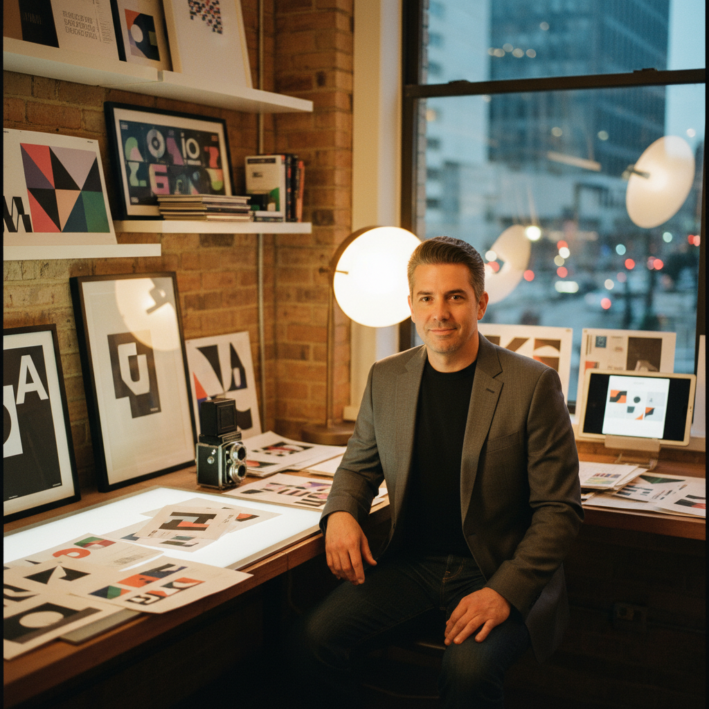 Marco, founder of Pixel Forge Creative, in his Austin studio surrounded by brand work, confident creative director in modern design workspace, warm studio lighting, film camera and printed design proofs visible, professional editorial portrait