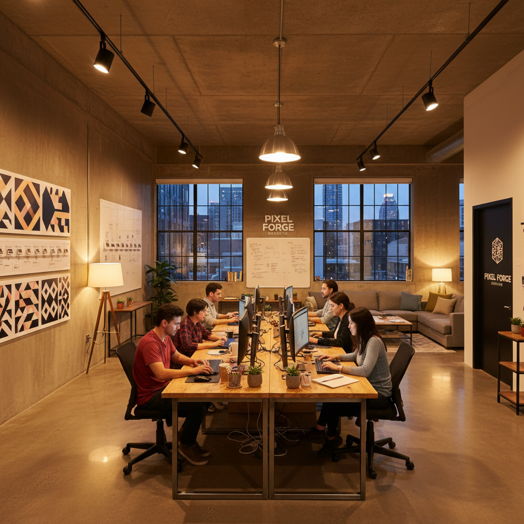 Pixel Forge Creative Austin studio interior, modern design agency workspace with printed brand work on walls, design team working at large desk, exposed concrete and warm lighting, creative agency environment, professional workspace photography