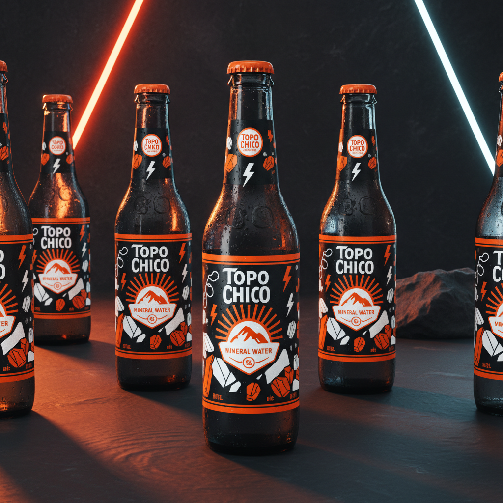 Topo Chico brand identity full campaign spread — glass bottles with bold graphic label design on dark studio background, electric orange and stark white accents, mineral water brand product photography, high contrast editorial, award-winning packaging design