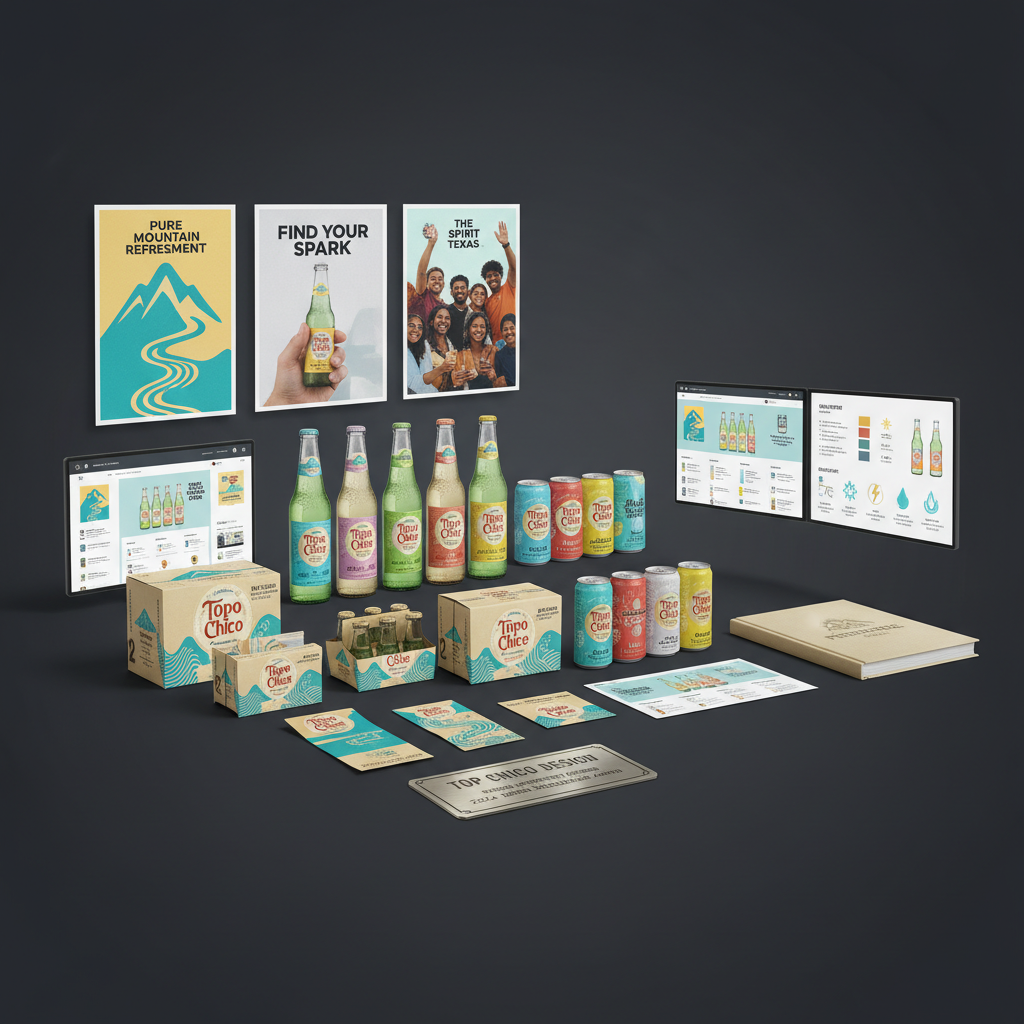 Topo Chico complete brand identity spread — multiple product variants, packaging lineup, campaign poster series, brand guidelines mockup, full visual system on dark background, award-winning brand design by Pixel Forge Creative Austin