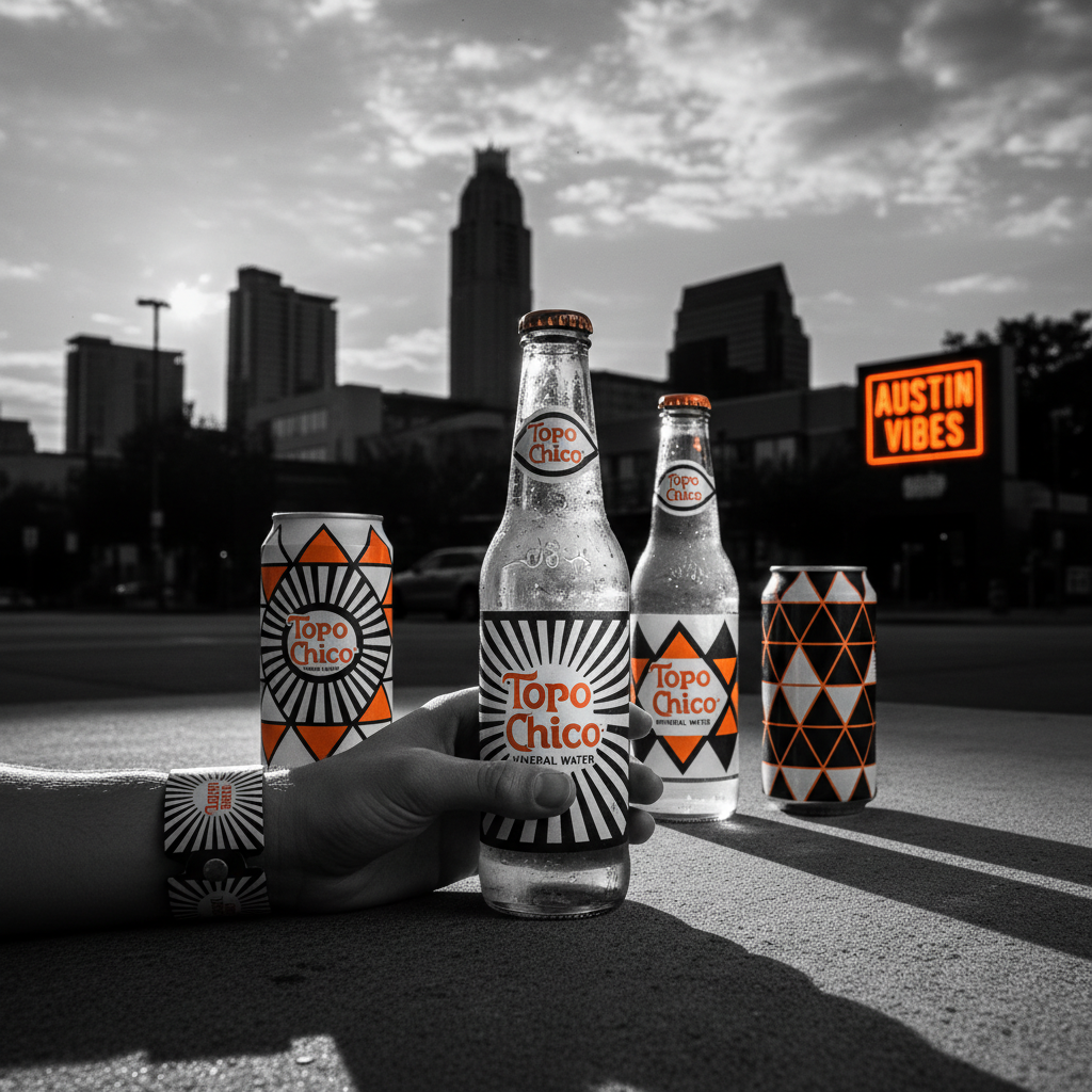 Topo Chico brand identity campaign — bold graphic design, mineral water brand, high contrast black and white photography with electric orange accent, product packaging and lifestyle, cinematic editorial style, Austin Texas creative direction