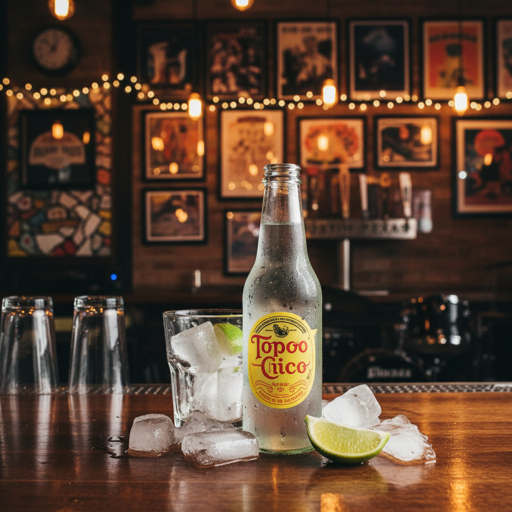 Topo Chico lifestyle product photography, glass bottle on bar counter with ice and lime garnish, warm ambient bar lighting, lifestyle brand photography, editorial food and beverage photography, Austin Texas aesthetic