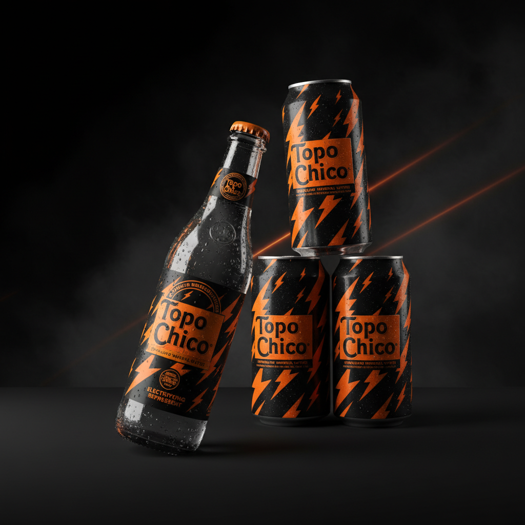 Topo Chico brand identity and packaging design, sparkling mineral water, high contrast editorial photography, bold graphic design, electric orange and black color palette, product shot on dark studio background, cinematic brand campaign