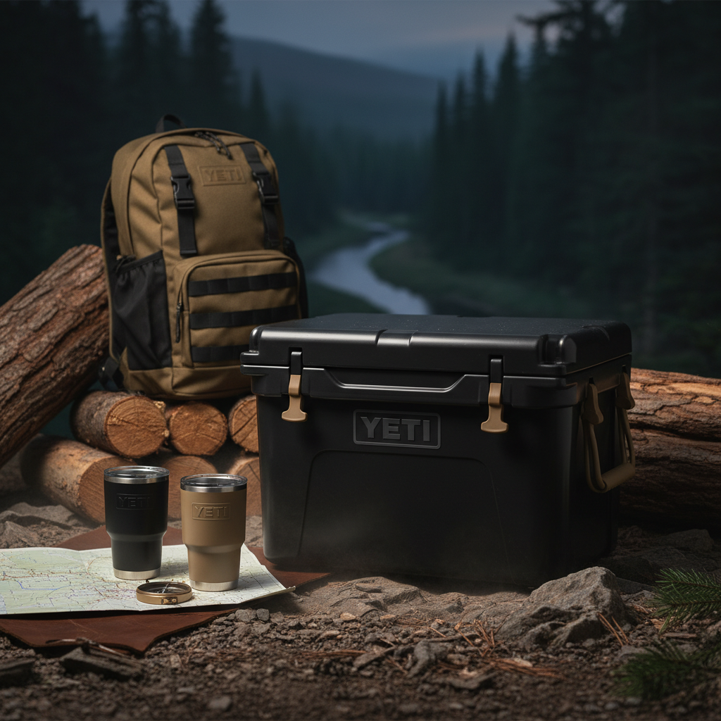 Yeti coolers brand design, rugged outdoor lifestyle product photography, dark dramatic lighting, matte black and tan color palette, adventure brand identity design, cinematic product shot, professional studio photography