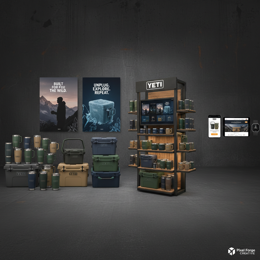 Yeti brand campaign spread showing multiple executions — product lineup, campaign posters, retail display, and digital assets, cohesive visual system, dark backgrounds, consistent typography and color palette, Pixel Forge Creative creative direction