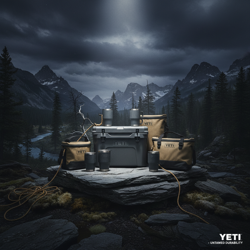 Yeti coolers and drinkware creative direction, rugged outdoor lifestyle brand photography, dramatic dark background, product design and brand identity, adventure gear, slate grey and tan color palette, high production value editorial
