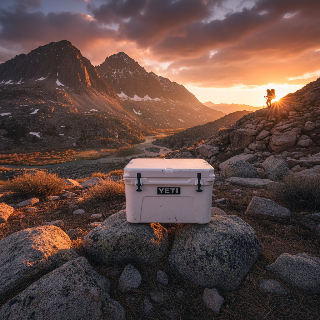 Yeti cooler in dramatic outdoor wilderness setting, mountain landscape at golden hour, product in natural environment, adventure lifestyle photography, rugged terrain, long shadows, cinematic wide shot, outdoor brand campaign
