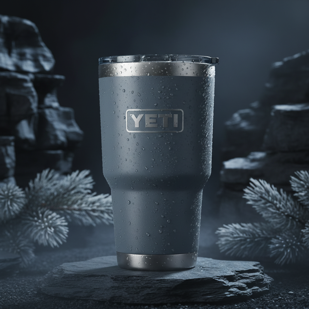 Yeti tumbler product photography on dark moody background, dramatic side lighting, condensation on stainless steel surface, premium product photography, outdoor lifestyle brand, slate grey tones, studio art direction